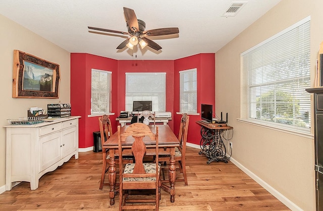 dining room with light wood-type flooring and ceiling fan