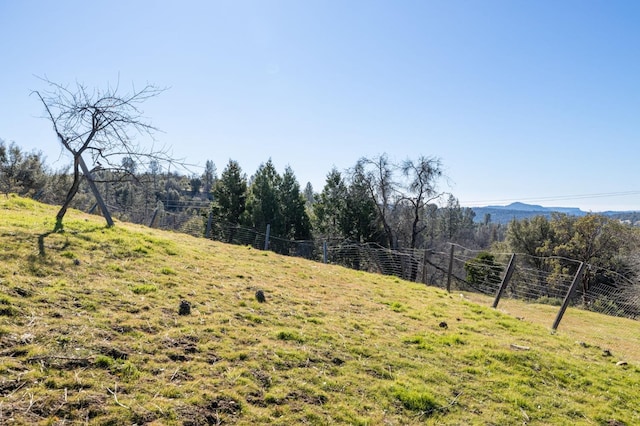 view of yard featuring a mountain view and fence