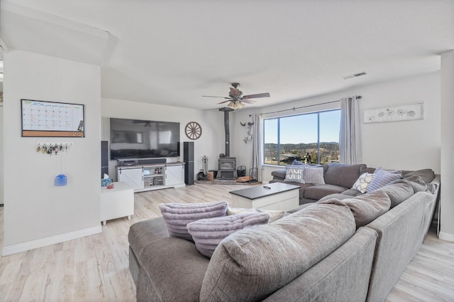 living room with a wood stove, light wood-style flooring, visible vents, and baseboards