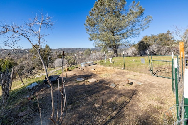 view of yard featuring a gate, fence, and a rural view