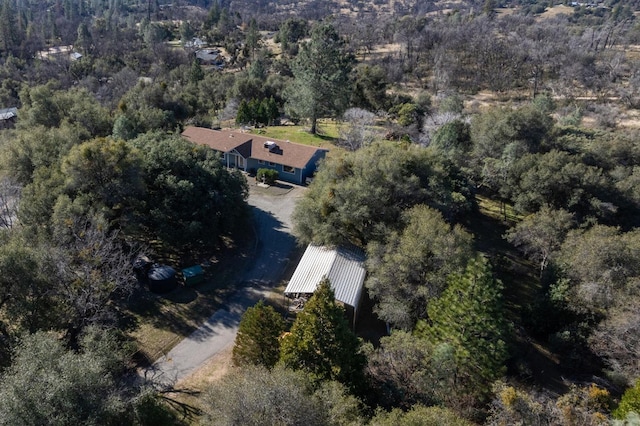 birds eye view of property featuring a forest view