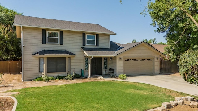 view of property with a garage and a front lawn