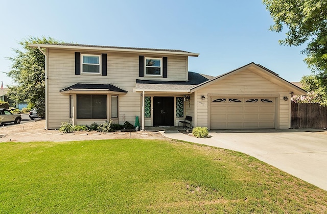 view of property featuring a front lawn and a garage