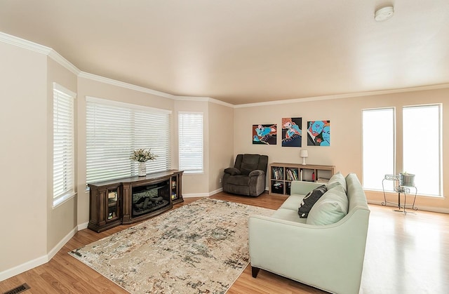 living room featuring ornamental molding, light hardwood / wood-style flooring, and plenty of natural light