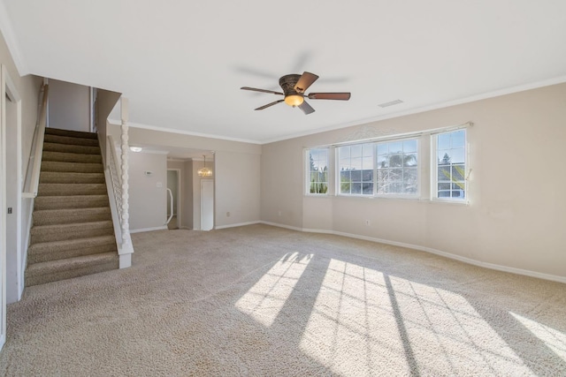 unfurnished living room with ornamental molding, ceiling fan, and light carpet