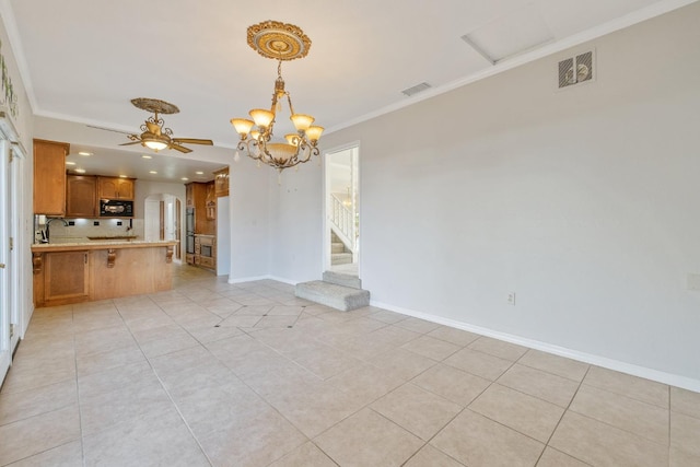 unfurnished living room featuring ornamental molding, sink, ceiling fan with notable chandelier, and light tile patterned floors