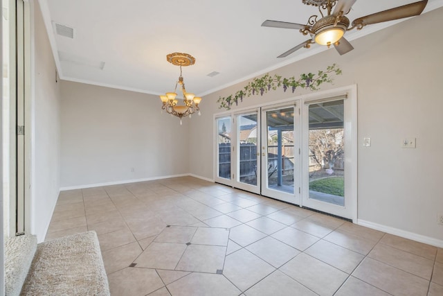 unfurnished room with crown molding, ceiling fan with notable chandelier, and light tile patterned floors