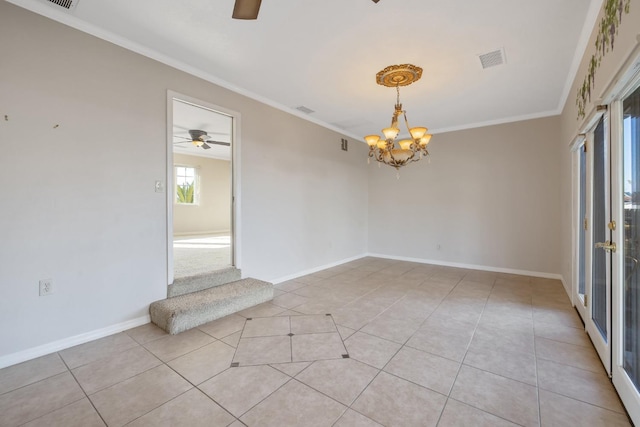 spare room with crown molding, light tile patterned floors, and ceiling fan with notable chandelier