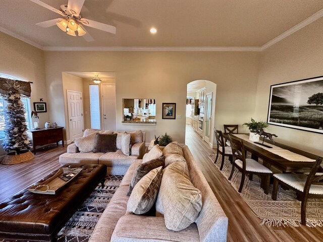 living room with ceiling fan, ornamental molding, and wood-type flooring