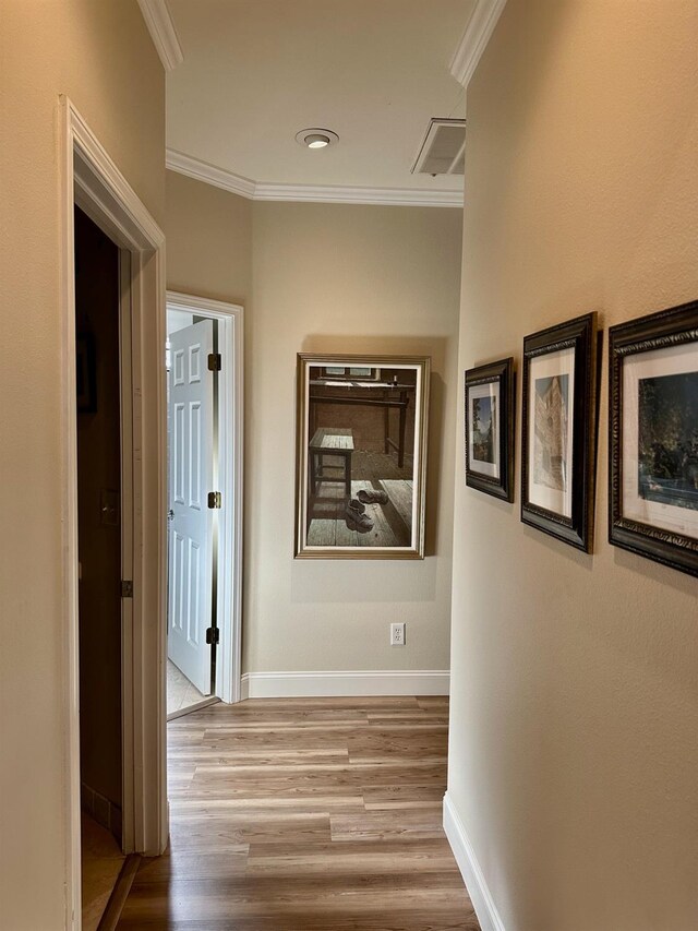 hallway featuring light hardwood / wood-style floors and crown molding