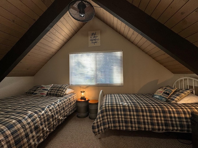 carpeted bedroom featuring vaulted ceiling with beams and wooden ceiling