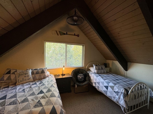 bedroom with carpet floors, lofted ceiling with beams, and wooden ceiling