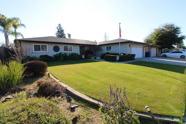 ranch-style house with a front yard and a garage