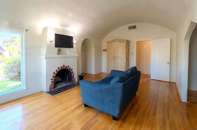 living room with wood-type flooring, vaulted ceiling, a wealth of natural light, and a fireplace