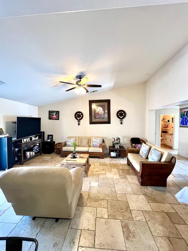 living room featuring lofted ceiling and ceiling fan