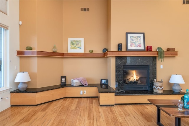 living room with a tiled fireplace and hardwood / wood-style floors