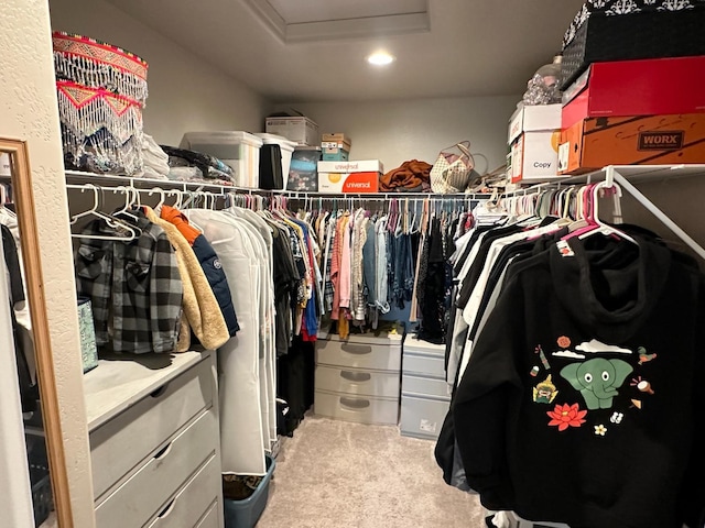 walk in closet featuring light carpet