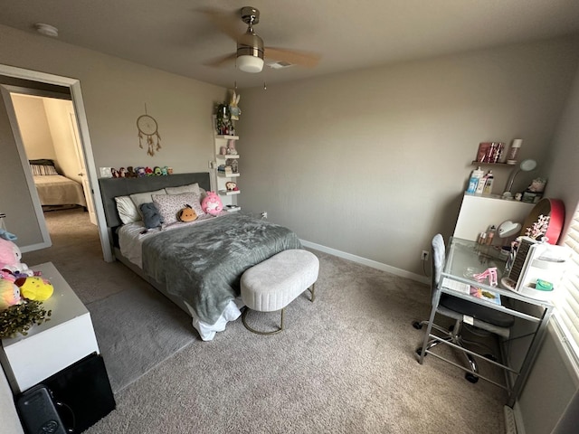 bedroom with ceiling fan and carpet flooring