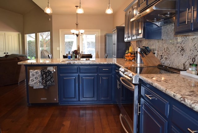 kitchen with stainless steel electric stove, blue cabinets, and backsplash