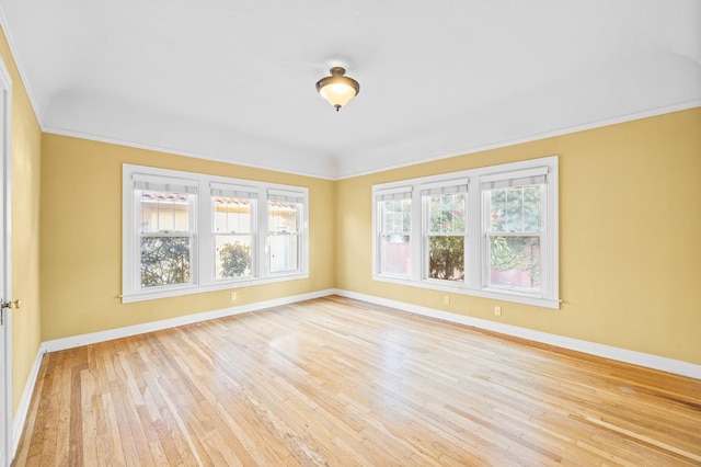 empty room featuring ornamental molding, light hardwood / wood-style flooring, and a wealth of natural light