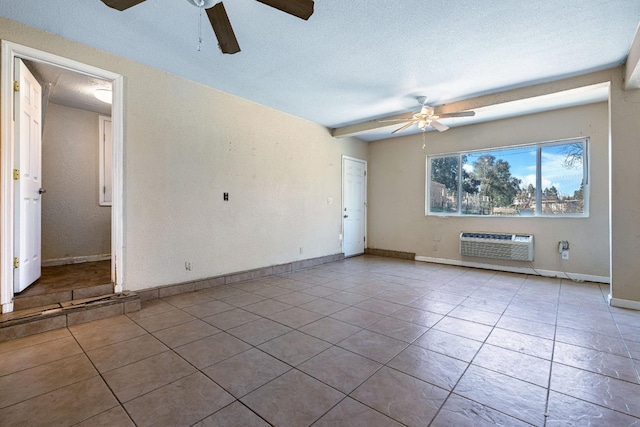 unfurnished living room featuring light tile patterned floors, ceiling fan, a wall mounted air conditioner, and a textured ceiling