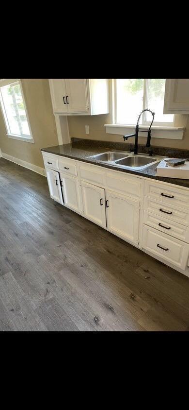 kitchen with white cabinetry, dark hardwood / wood-style flooring, and sink