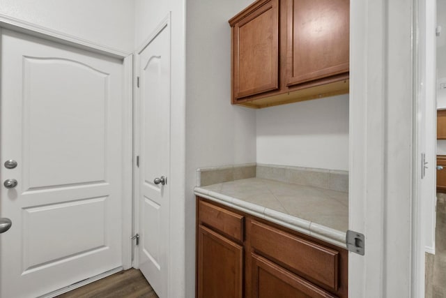 interior space with dark wood-type flooring and tile counters