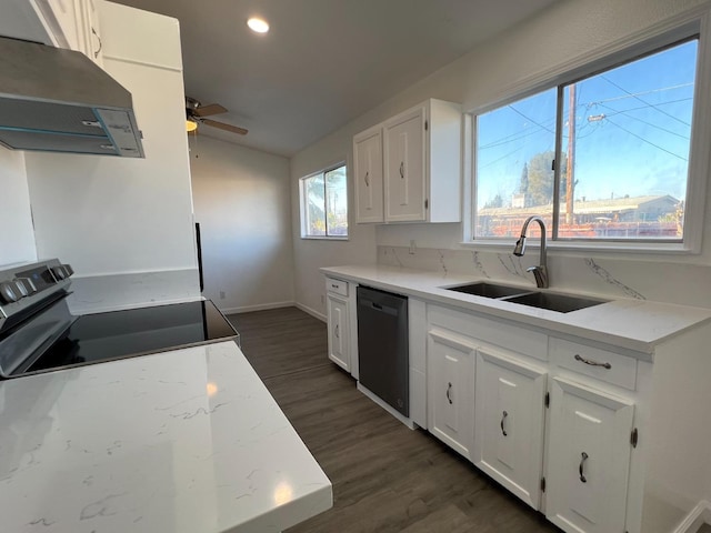 kitchen featuring white cabinets, dishwasher, sink, stainless steel range with electric cooktop, and exhaust hood