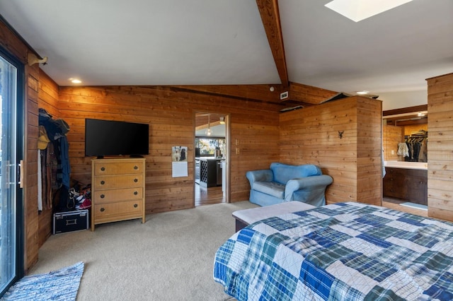 carpeted bedroom featuring wood walls and vaulted ceiling with beams