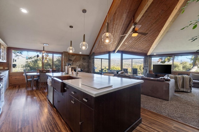 kitchen with sink, wooden ceiling, dark brown cabinets, dark hardwood / wood-style flooring, and a kitchen island with sink