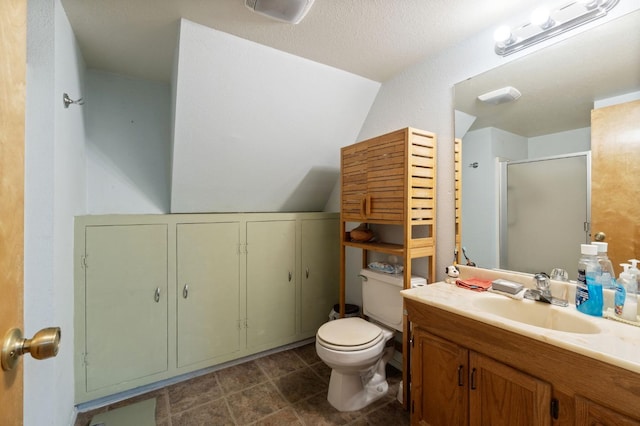 bathroom with vanity, walk in shower, and toilet