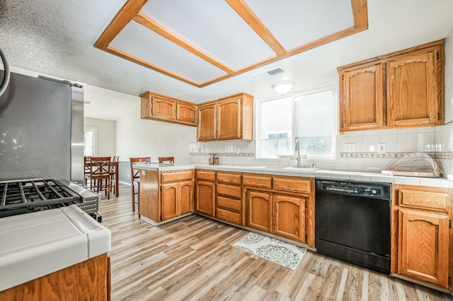 kitchen with light hardwood / wood-style floors, stainless steel appliances, sink, and tile counters