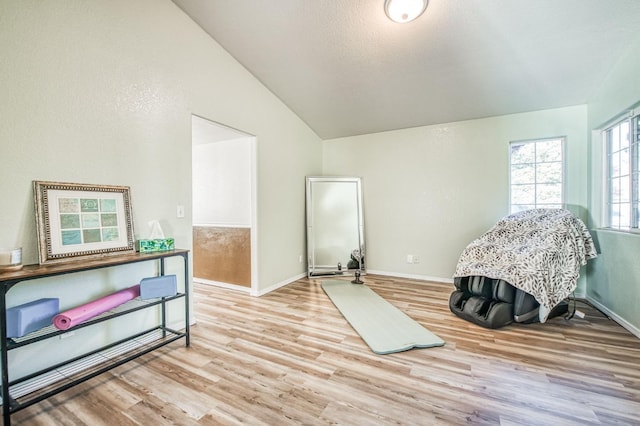 exercise room featuring light wood-type flooring and vaulted ceiling