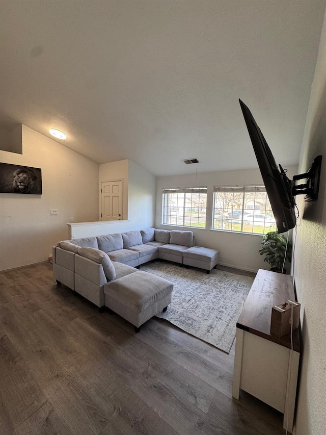 living room with vaulted ceiling and dark hardwood / wood-style floors