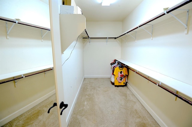 walk in closet featuring light carpet