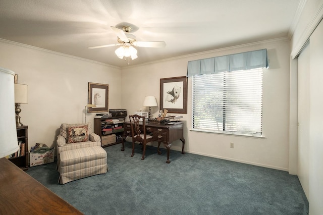 office featuring baseboards, dark carpet, a ceiling fan, and crown molding