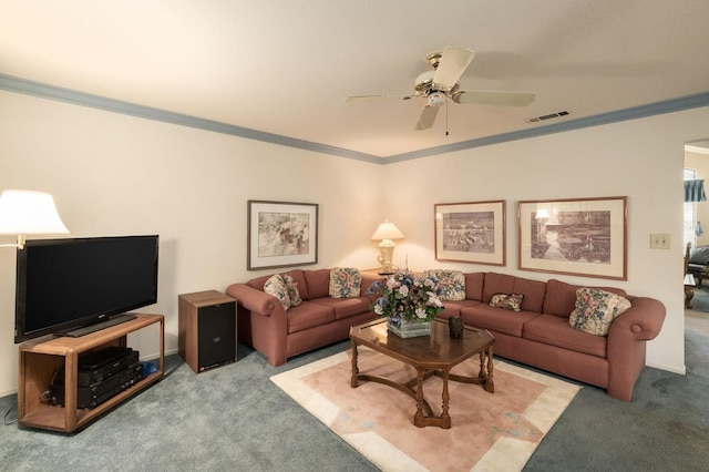 living area with light carpet, a ceiling fan, visible vents, and crown molding