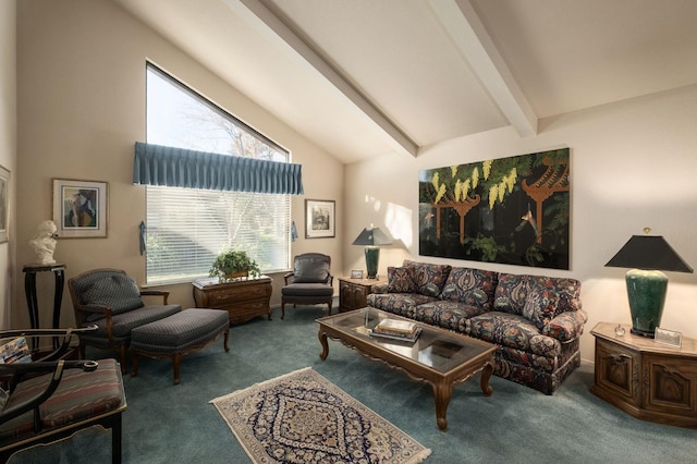 carpeted living room with high vaulted ceiling and beamed ceiling