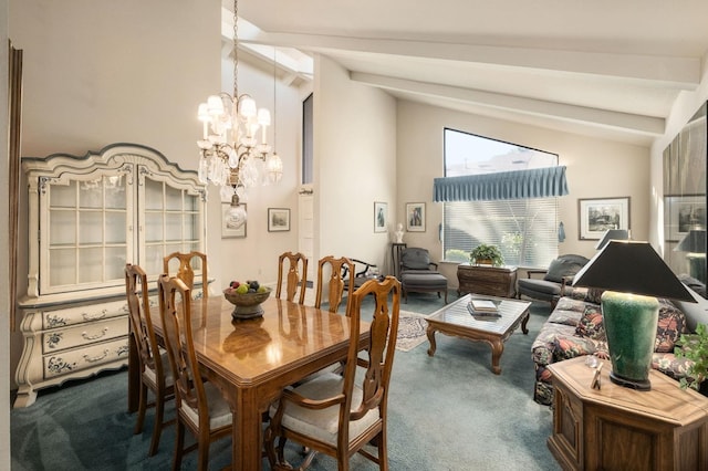 carpeted dining area with lofted ceiling with beams and a chandelier