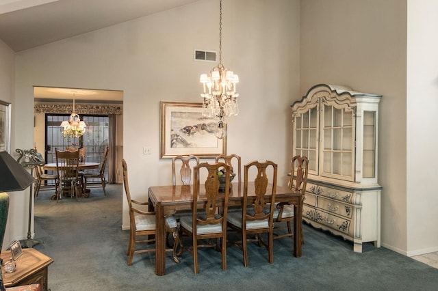 dining space featuring high vaulted ceiling, visible vents, dark colored carpet, and a notable chandelier