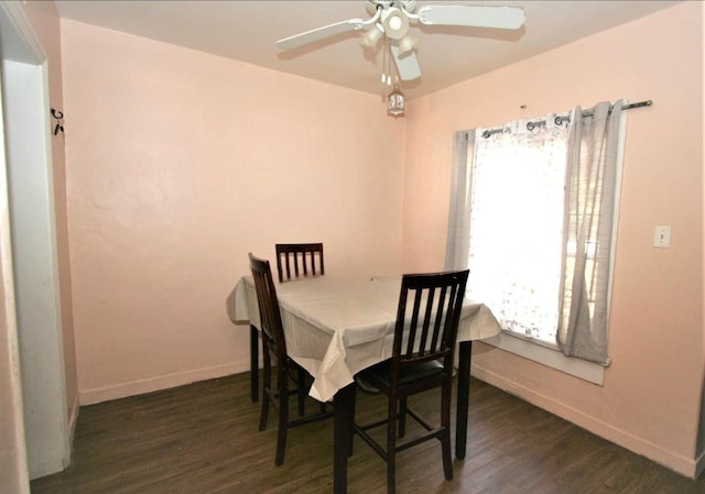 dining area featuring ceiling fan and dark hardwood / wood-style floors