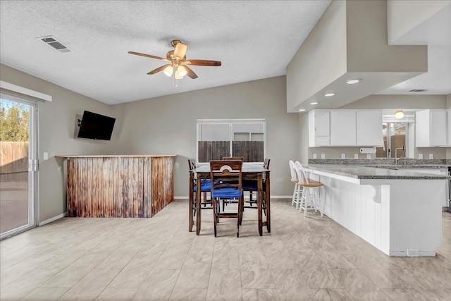 dining space featuring lofted ceiling, a textured ceiling, and ceiling fan