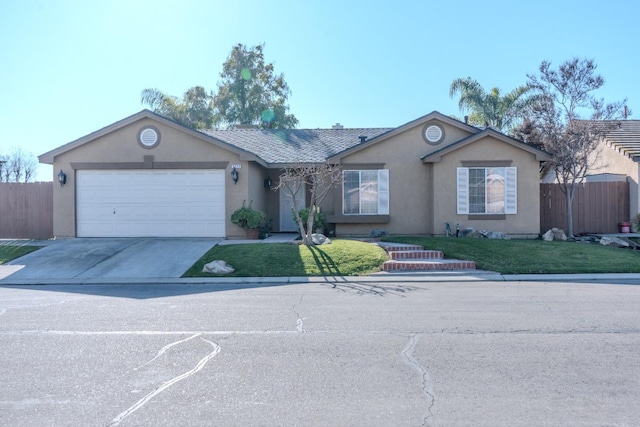 ranch-style home featuring a front lawn and a garage