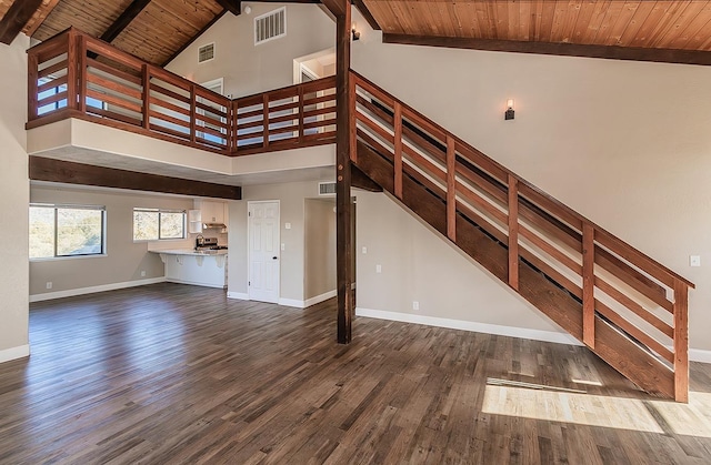 unfurnished living room with wooden ceiling, visible vents, stairway, and baseboards