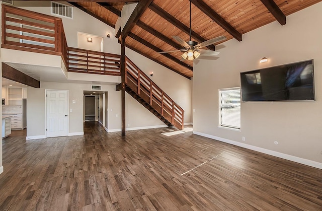 unfurnished living room with dark wood-type flooring, visible vents, stairway, and baseboards