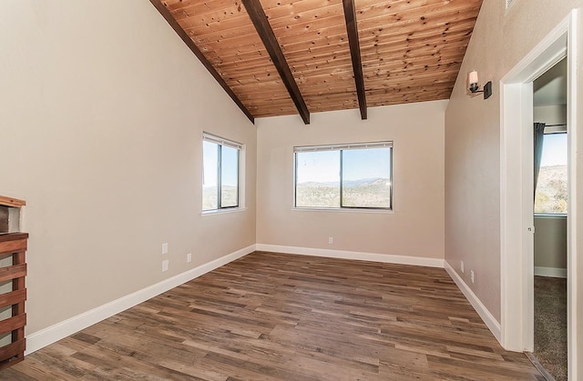 empty room featuring high vaulted ceiling, wooden ceiling, baseboards, dark wood-style floors, and beamed ceiling