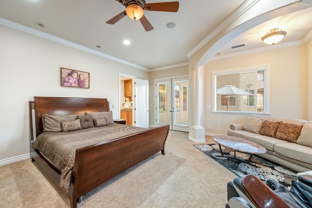 bedroom featuring ceiling fan, light colored carpet, and ornamental molding