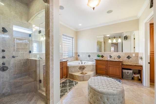 bathroom featuring vanity, tile patterned floors, plus walk in shower, and ornamental molding