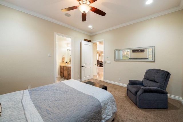 bedroom featuring ensuite bathroom, ceiling fan, ornamental molding, and light colored carpet