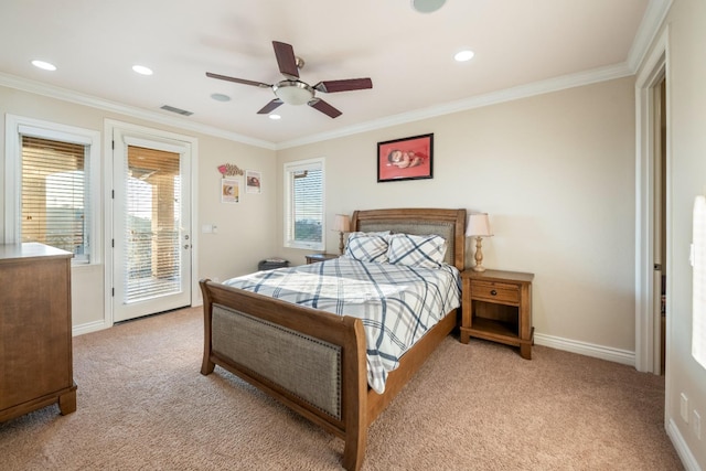 bedroom featuring ceiling fan, access to exterior, crown molding, and light colored carpet